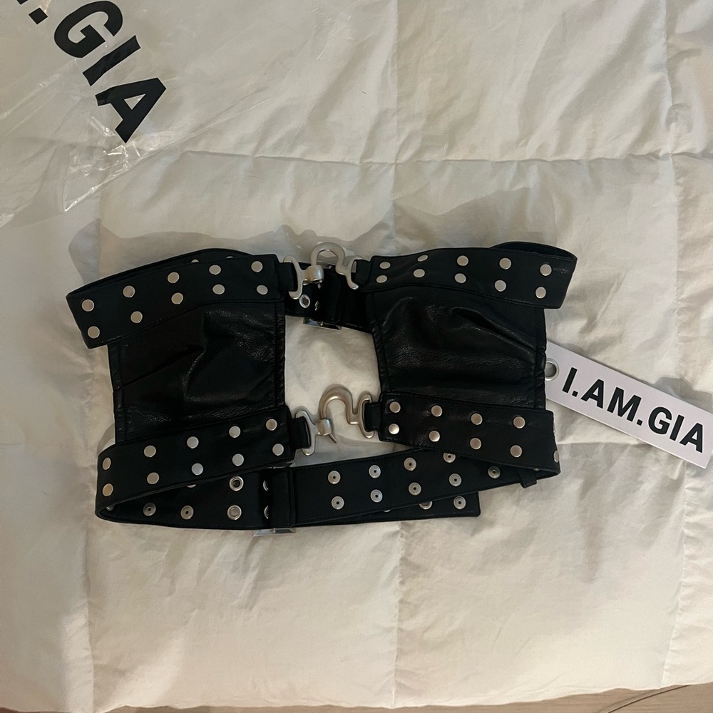 Black studded faux leather belt top crop